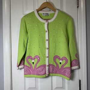 Jack B Quick Flamingo Cardigan Green Women Size Small Embroidered Beaded Summer